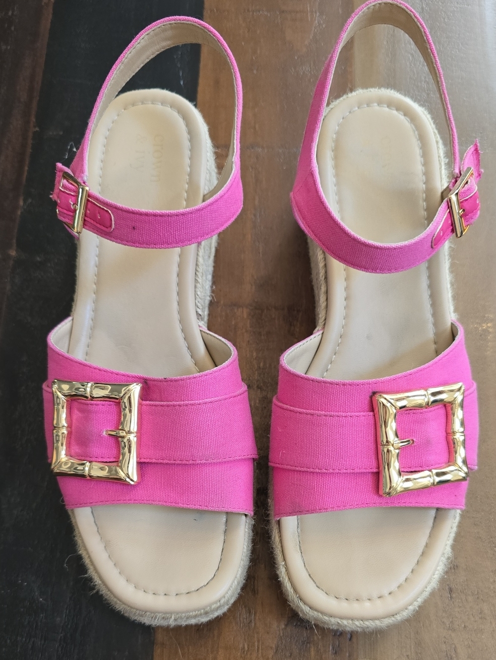 crown & ivy Pink Slingback Espadrille Sandals with Gold Buckles